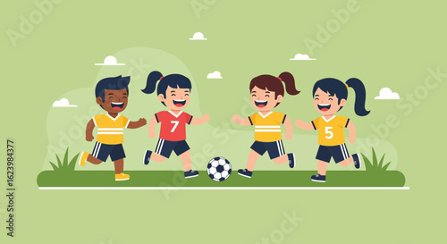 Cheerful Children Enjoying a Lively Game of Soccer on a Sunny Day
