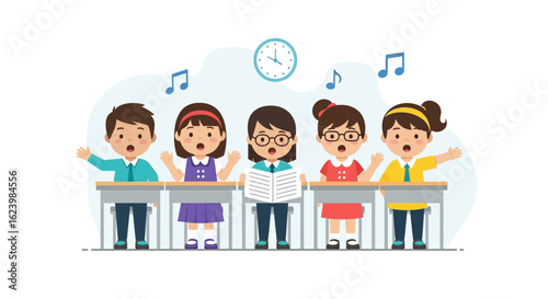 Cheerful Pupils Singing In Classroom Harmony And Rhythms Of Childhood