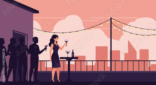 Elegant Rooftop Celebration Guests Enjoying Drinks During Cocktail Hour At Sunset