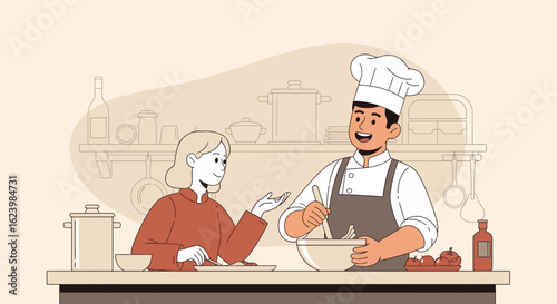 Chef Prepares Food While Explaining Recipe To A Woman In A Kitchen