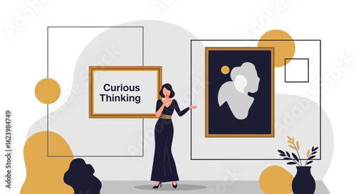 Elegant Woman Explaining Modern Art At Gallery Exhibition Showcasing Artwork