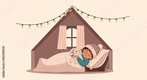 Child Dreamily Sleeping In Tent With Rabbit Toy Under String Lights