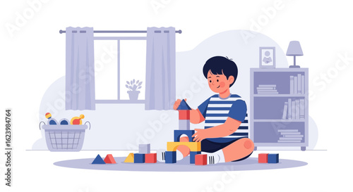 Child Engaged In Creative Play Building Tower From Toy Blocks At Home