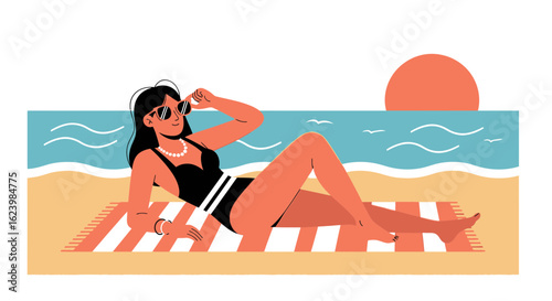 Elegant Woman Relaxes on Beach with Retro Swimsuit and Sunglasses