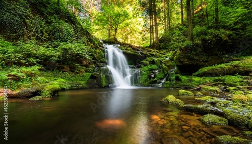cascading waterfall in a peaceful green forest