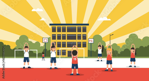 Children Doing Morning Exercises Before Physical Education Class At School