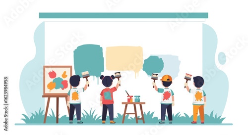 Children Having Fun And Painting Together Creative Art Concept on Wall