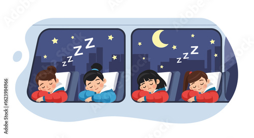 Children Sleeping In A Bus On A Night Travel With Stars And Moon