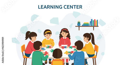 Children Playing Jigsaw Puzzles Together In A Brightly Lit Learning Center