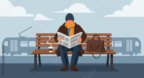 Commuter Reads News On Bench Waiting for Train At Station In Autumn