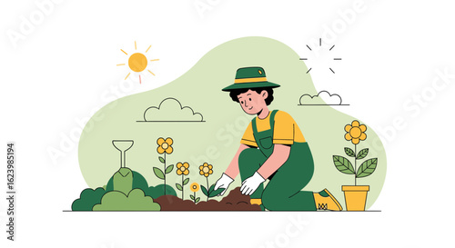 Enthusiastic Gardener Planting Flowers In A Blooming Flowerbed On A Sunny Day