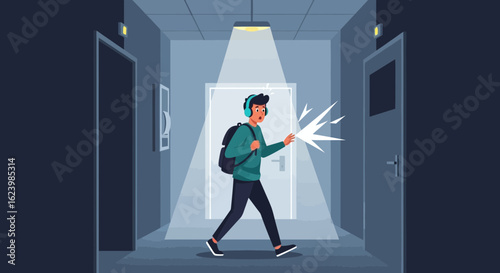 Confused Student Reaching Out to an Electrical Sparking Door in a Corridor