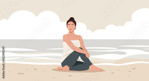 Contemplative Woman Sitting On Beach During Relaxing Vacation Serenity