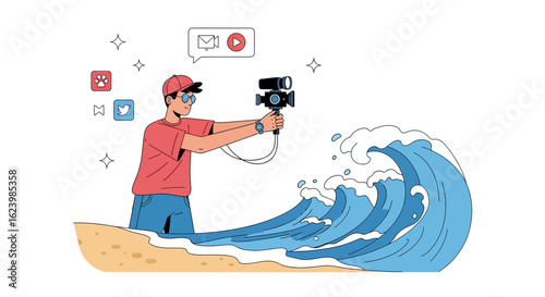 Content Creator Filming Tropical Scenery for Online Vlog Near Ocean Coastline