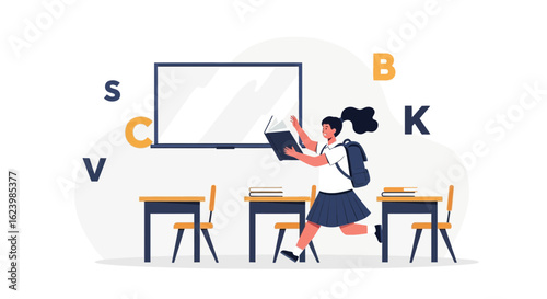 Enthusiastic Student Rushing To Class In Colorful And Dynamic Classroom Environment