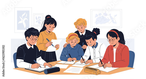 Enthusiastic Students Collaborate on Educational Projects in a Classroom Setting