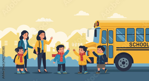 Enthusiastic Students Boarding a School Bus with Cheerful Teachers Present