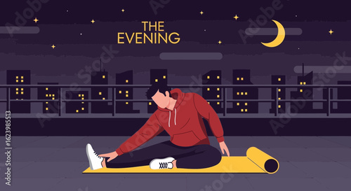 Evening Serenity Cityscape A Man Practices Stretching Routine on Rooftop Under Moonlight