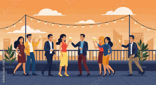 Evening Rooftop Gathering Friends Enjoying City Views And Celebratory Toast