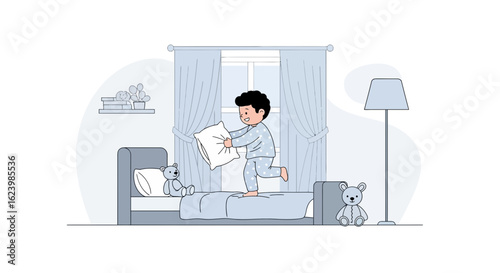 Excited Boy Enjoys Pillow Fight On Bed In Bedroom Interior Line Art Style