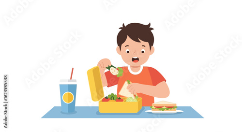 Excited Boy Enjoying Healthy Homemade Lunch With Salad And A Sandwich