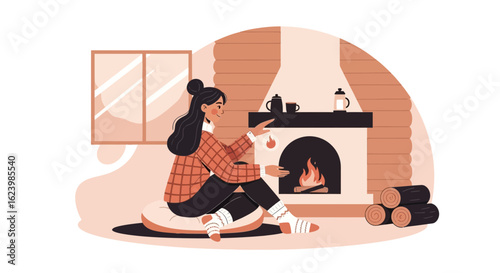 Cozy Evening By The Fireplace Girl Relaxes In A Comfortable Home