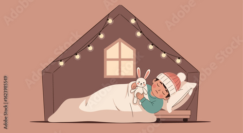 Cozy Dreams Little Boy Sleeping Peacefully In a Tent With Bunny Toy