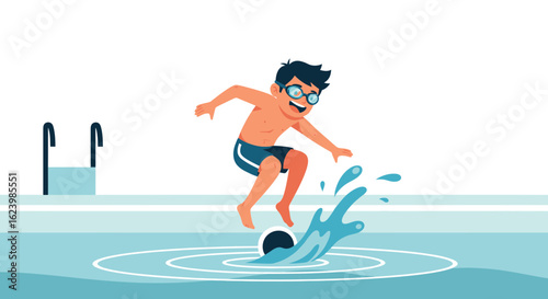 Excited Boy Jumping Into Swimming Pool On A Hot Summer Day Vacation