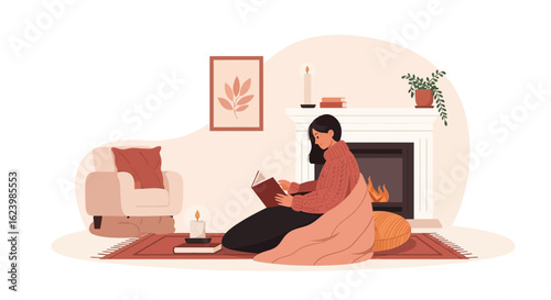 Cozy Evening Reading By Fireplace In Autumnal Living Room Interior Scene
