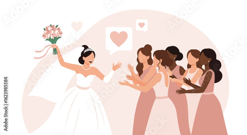 Excited Bride Tossing Wedding Bouquet To Bridesmaids Celebration Illustration