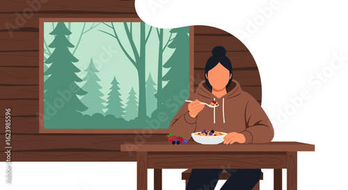 Cozy Morning Routine Woman Enjoying Cereal Breakfast in Cabin near Forest