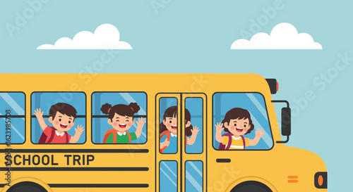 Excited Pupils On A School Bus Heading Out For A Field Trip Holiday