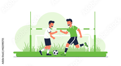 Excited Soccer Players Kick Ball Near Goal Post on Green Field