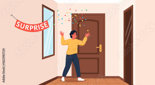 Excited Person Receives A Surprise In A Decorated Hallway At Home