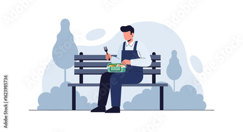 Craftsman Enjoying a Meal Break on Park Bench with Calm Background