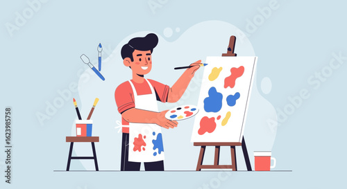 Creative Artist Painting Colorful Abstract Shapes on Canvas in Studio