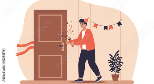 Excited Young Man Celebrating Surprise Celebration By Using A Confetti Popper