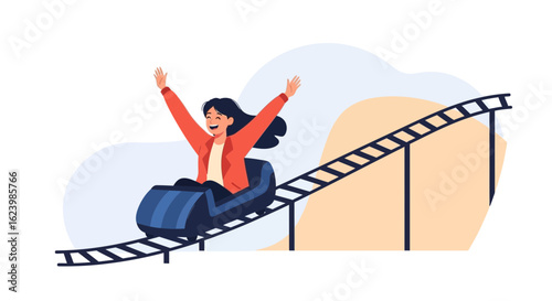 Excited Woman Having Fun Riding a Rollercoaster with Raised Arms At Amusement Park