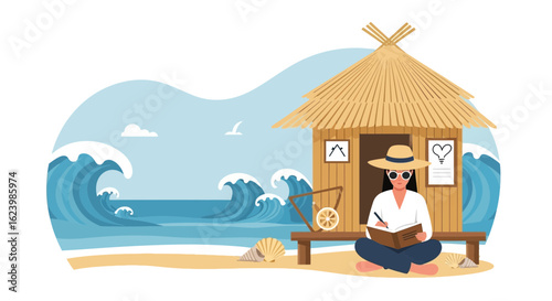 Creative Woman Relaxing on Tropical Beach Hut Writing in a Journal Enjoying Vacation