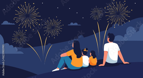 Family Enjoys Fireworks Together During a Celebratory Event at Night Scene