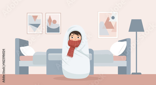 Feeling Cold And Wrapped In Blanket In A Room With Two Beds