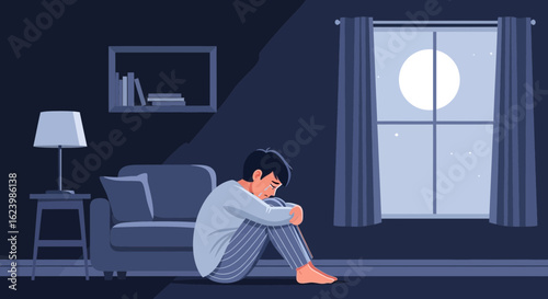 Feeling Of Melancholy Young Man Sitting Alone In The Dark Room