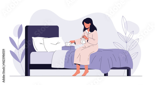 Feeling Under The Weather Woman Sitting On Her Bed Taking A Tissue