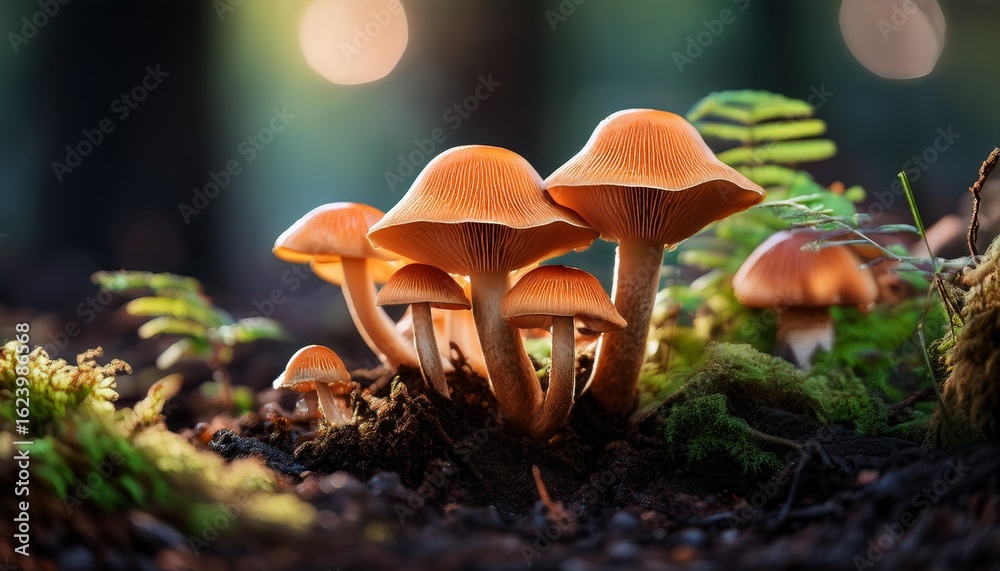 Fototapeta premium a cluster of orange mushrooms growing on the forest floor surrounded by dark soil and soft greenery