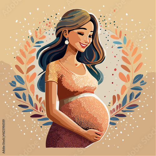 stippling portrait of a pregnant caucasian woman with facial micro-dots, soft pose, maternal theme, medium detail svg art