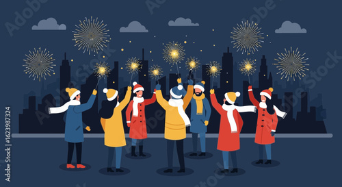 Festive Evening Gathering Friends Celebrate With Sparklers Against City Skyline