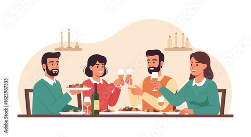 Festive Family Gathering In Joyful Celebration With Food And Wine