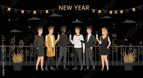 Festive New Year's Eve Rooftop Celebration With Champagne Toast Under The Stars