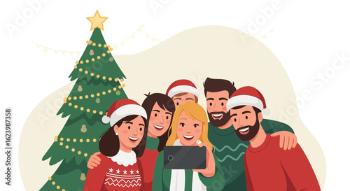Festive Friends Gather Together For A Christmas Holiday Selfie Celebration