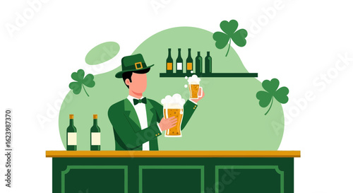 Festive Saint Patrick Day Scene with Bartender Serving Beer Behind Green Bar